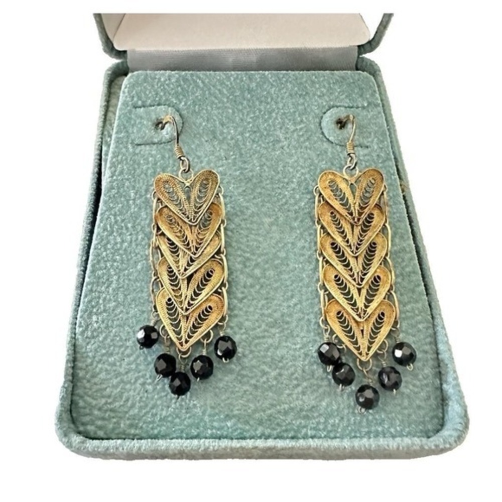 Vintage Sterling Silver Gold Plated Onyx Hearts Filigree Dangle Post Earrings KC